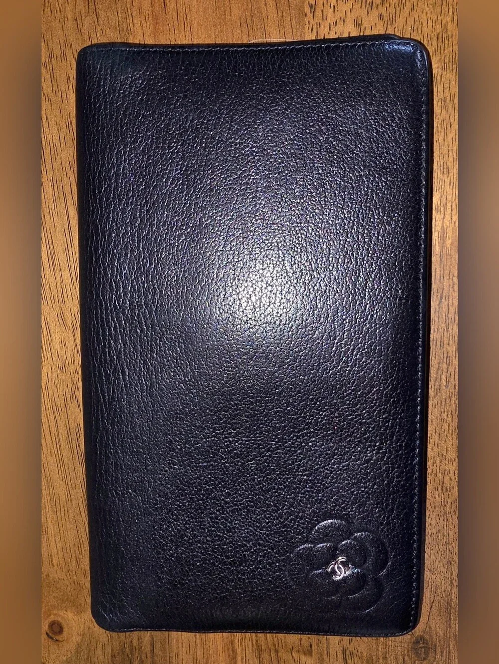 CHANEL Black Lambskin Leather Billfold Camellia Floral Accent With CC Emblem